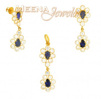 22kt Gold Pendant and Earrings Set with Blue Tourmaline ( Fancy Pendant Set )