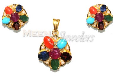 22Kt Gold Navrattan Style Pendant Set ( Precious Stone Pendant Sets )