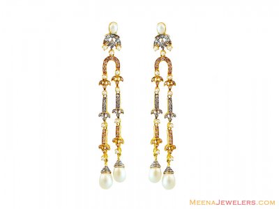 22K Long CZ Pearl Earrings ( 22Kt Gold Fancy Earrings )