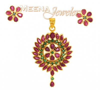 22Kt Gold Ruby Pendant Set ( Precious Stone Pendant Sets )