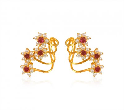 22K Gold Ruby With Pearl Earrings ( Precious Stone Earrings )