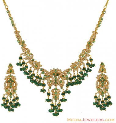 22K Emerald and CZ Necklace Set ( Emerald Necklace Sets )