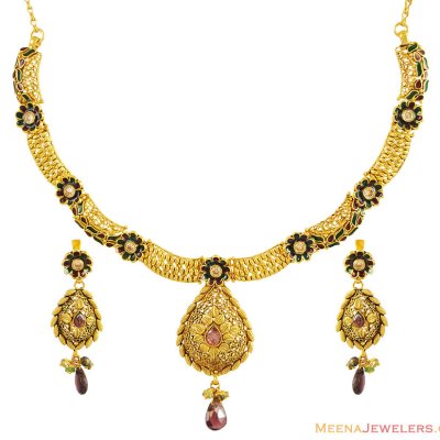 22K Indian Antique Necklace Set ( Antique Necklace Sets )