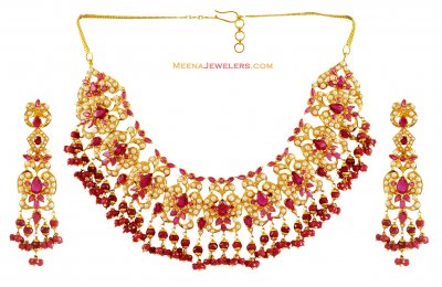 Indian Ruby and Pearls Set (22K) ( Ruby Necklace Sets )