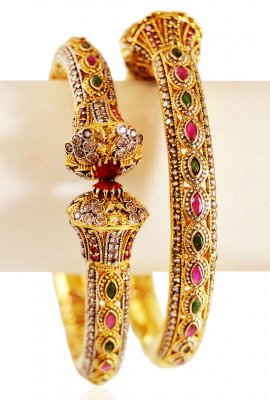 22K Gold Antique Kada (2 PC) ( Precious Stone Bangles )