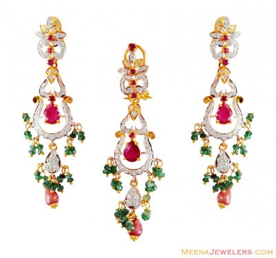 22K Ruby, Emerald Pendant Set ( Precious Stone Pendant Sets )