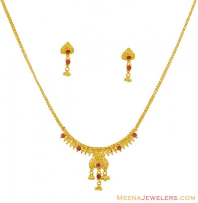 22K Gold With Ruby Necklace Set ( Light Sets )