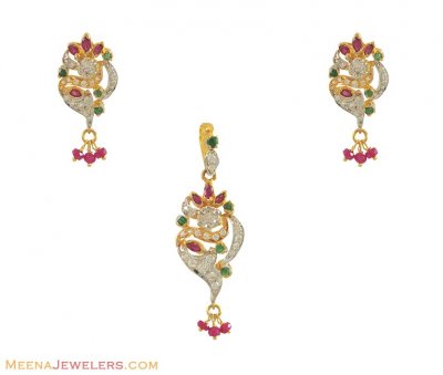 22Kt Ruby, Emerald Pendant Set ( Precious Stone Pendant Sets )