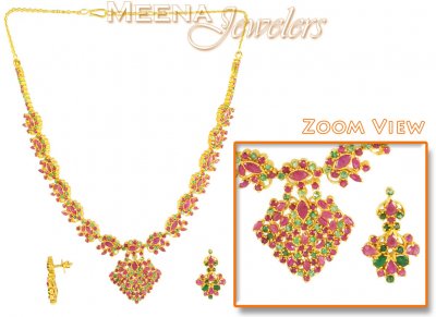 22Kt Gold Ruby and Emerald Necklace ( Combination Necklace Set )