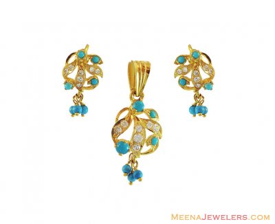 22K Turquoise And Cz Pendant set ( Precious Stone Pendant Sets )