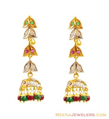 22K Emerald Ruby Long Earrings  ( Precious Stone Earrings )