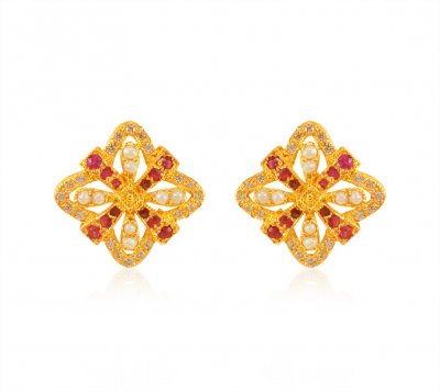22K Gold Ruby Pearl Earrings ( Precious Stone Earrings )