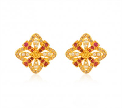 22K Gold Ruby Pearl Earrings ( Precious Stone Earrings )