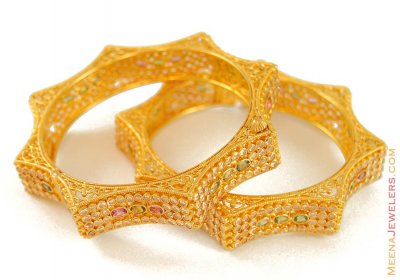 Gold Antique Bangles with Polki ( Antique Bangles )