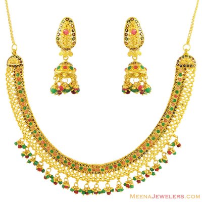 22K Meenakari Necklace Earrings Set ( Precious Stone Sets )