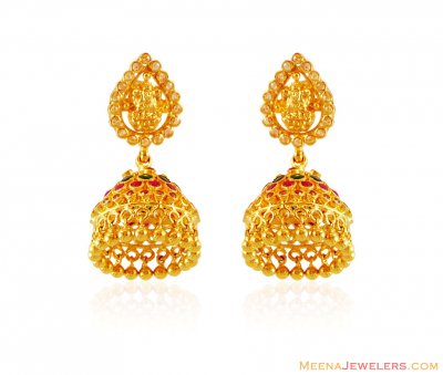 22K Emerald Ruby Temple Earrings  ( Precious Stone Earrings )