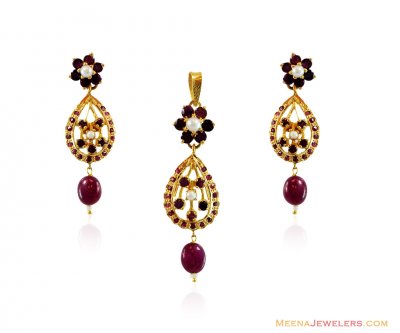 22K Gold Ruby Pendant Set ( Precious Stone Pendant Sets )