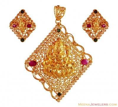 22K Exclusive Temple Pendant Set ( Precious Stone Pendant Sets )