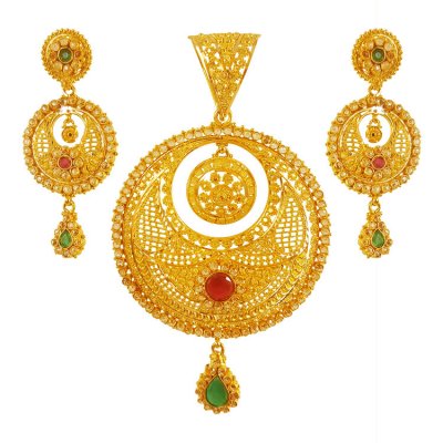 22Kt Gold Polki Stones Pendant Set ( Precious Stone Pendant Sets )