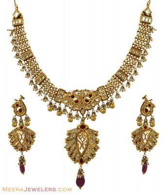 22K Gold Antique Kundan Bridal Set ( Antique Necklace Sets )