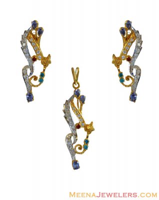 2 Tone Colored Stones Pendant Set ( Fancy Pendant Set )