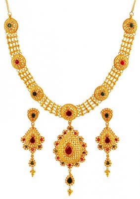  22k Gold  Stones Necklace Set ( Gold Designer Sets )