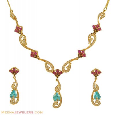 22k Ruby With CZ Necklace Set ( Gold Designer Sets )