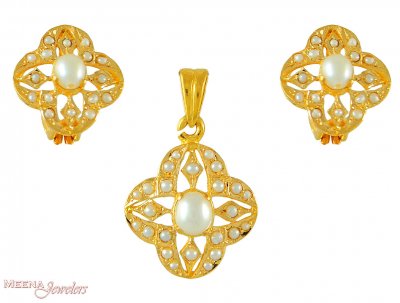 22K Pendant Set with Pearl ( Precious Stone Pendant Sets )