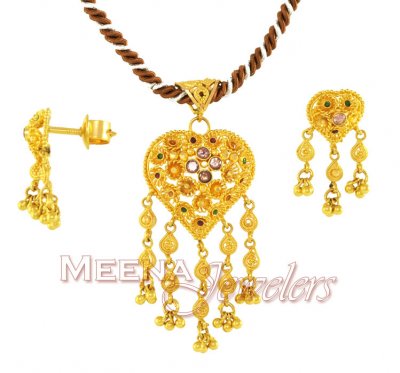 22Kt Gold Filigree Pendant Set ( Gold Pendant Sets )