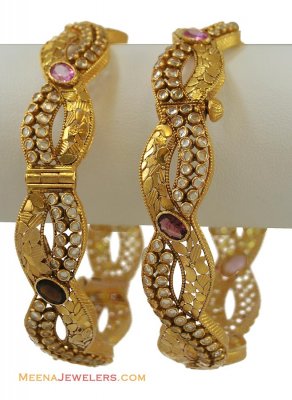 (CUSTOM) 22K Designer Polki Bangles (2 pcs) ( Antique Bangles )