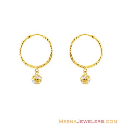 22k Yellow Gold Stones Bali  ( Hoop Earrings )