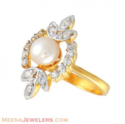 22Kt Gold Pearl, CZ Ring ( Ladies Signity Rings )