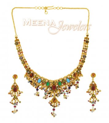 22Kt Antique Gold Necklace Set ( Antique Necklace Sets )