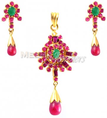 22Kt Gold Emerald, Ruby Pendant Set ( Precious Stone Pendant Sets )