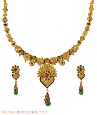 22K Gold Fancy Necklace Set ( Antique Necklace Sets )