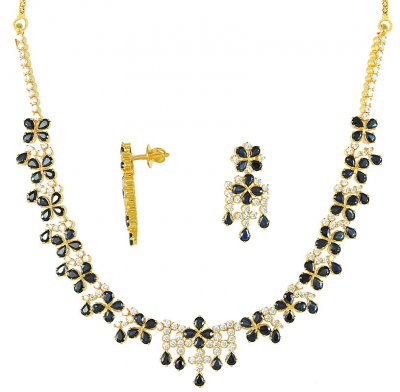 22Kt Gold Sapphire and CZ Necklace ( Combination Necklace Set )