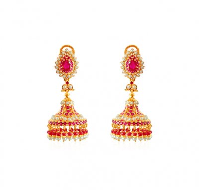 22K Ruby Pearl Jhumka ( Precious Stone Earrings )