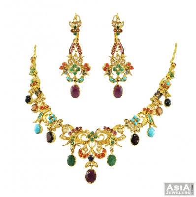 22K Fancy Mixed Precious Stones Set ( Combination Necklace Set )