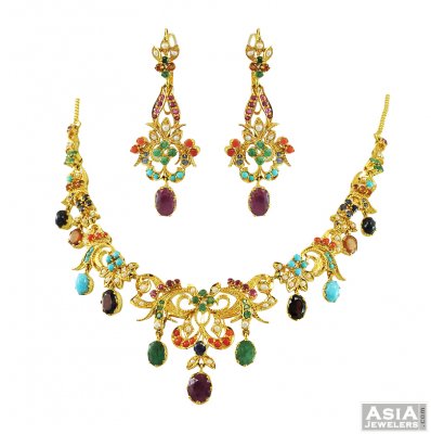 22K Fancy Mixed Precious Stones Set ( Combination Necklace Set )