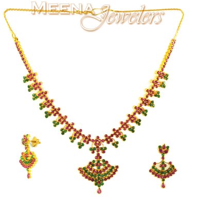22Kt Gold Ruby and Emerald Set ( Combination Necklace Set )