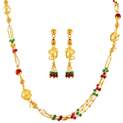 22K Gold Ruby Emerald Pearls Set ( Light Sets )