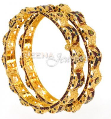 22 Kt Antique Gold Bangles With Semi Precious Stones, 2 pcs ( Antique Bangles )