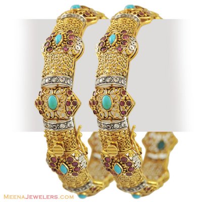 22k Antique Stones Bangles(2 Pcs) ( Antique Bangles )