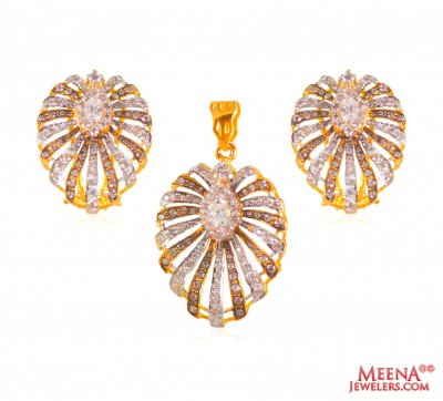 22K Two tone CZ  Pendant Set ( Precious Stone Pendant Sets )