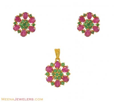 22K Ruby, Emerald Pendant Set ( Precious Stone Pendant Sets )