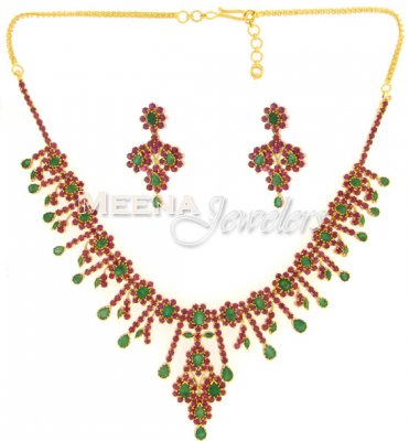 22 Kt Gold Ruby And Emerald Set ( Combination Necklace Set )