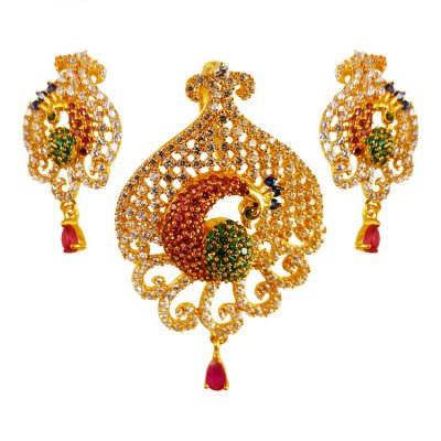 22Kt Gold Peacock Pendant Set ( Precious Stone Pendant Sets )