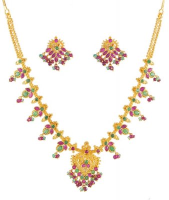 22Kt Gold Ruby and Emerald Set ( Combination Necklace Set )