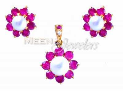 22Kt Gold Ruby, Pearl Pendant Set ( Precious Stone Pendant Sets )