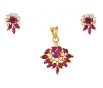 22K Fancy Ruby CZ Pendant Set ( Precious Stone Pendant Sets )